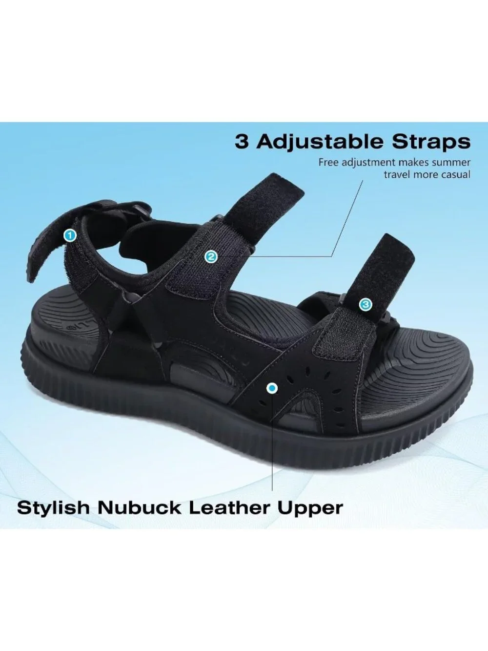 Men's Black Arch Support Thick Cushion Recovery Athletic Hiking Sandal Shoes